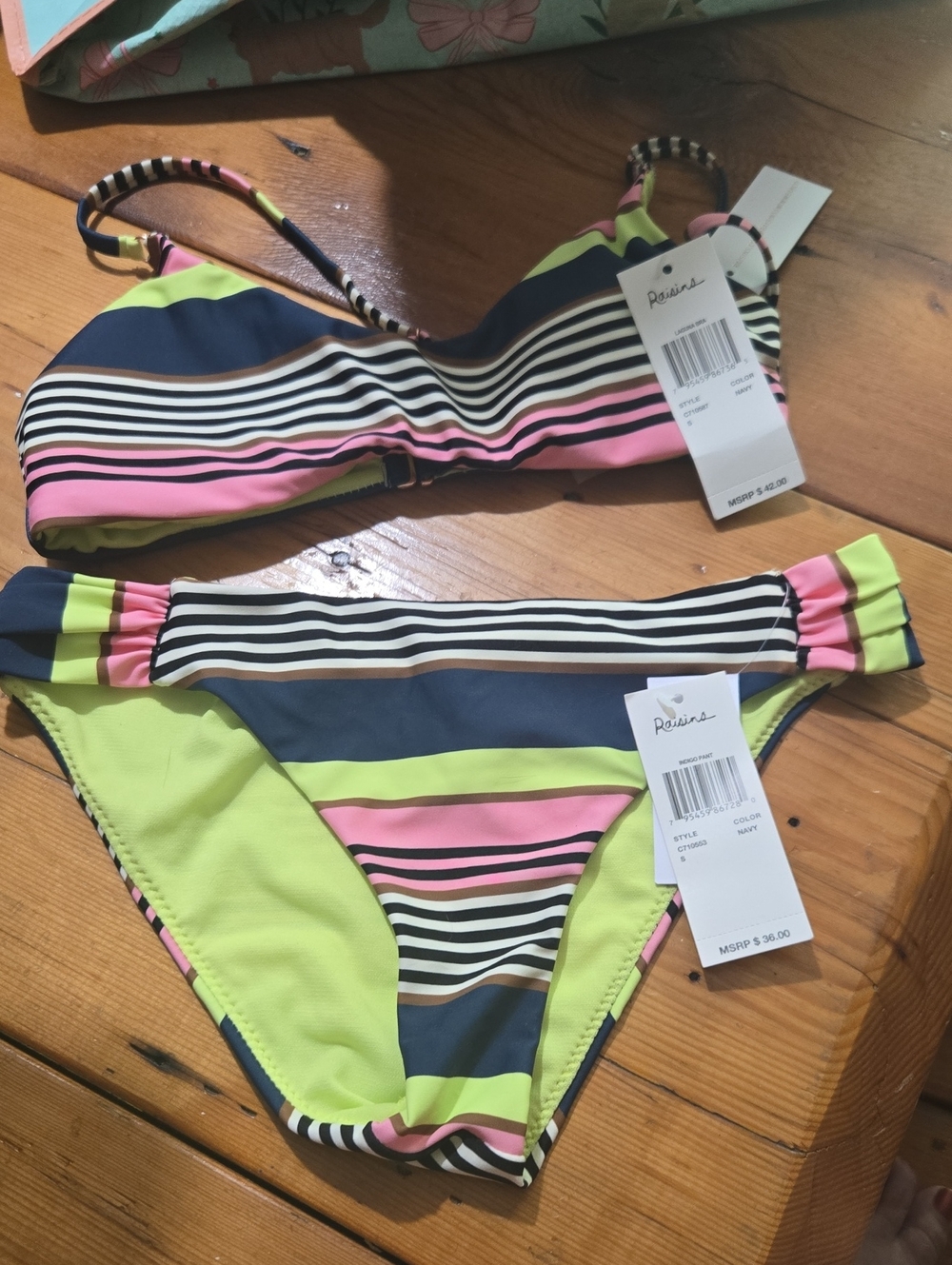 Nwt Raisins 2 Pc Neon Striped Bikini - Pink, Lime & Navy